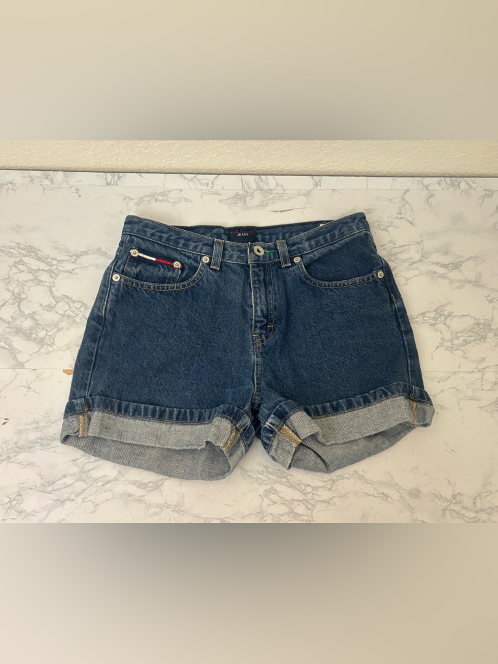 Tommy Hilfiger Cuffed Denim Boyfriend Shorts Logo Girls Size 16 Dark Blue - Picture 1 of 5
